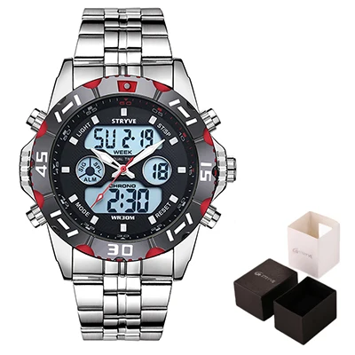 black red with box Stryve 8011 Relojes брендовые водонепроницаемые военные спортивные часы мужские Цифровые кварцевые часы из нержавеющей стали с двойным дисплеем montre homme - Цвет: black red with box