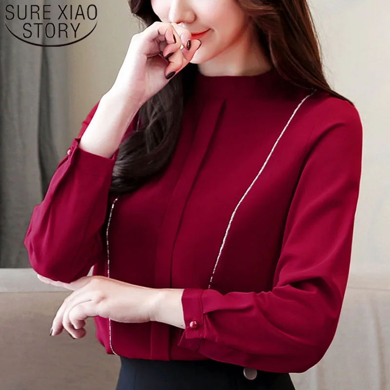 

Fashion women 2021 new blouse chiffon long sleeve women shirts stand Solid blouse shirt womens tops blouses harajuku 2453 50