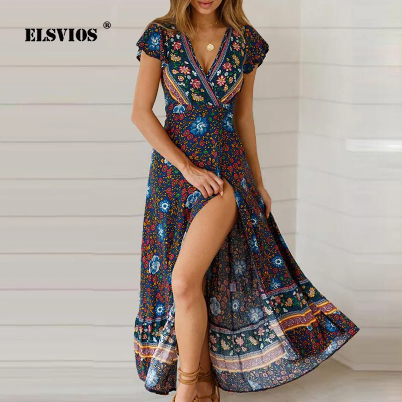 

Женское платье с цветочным принтом, V-образным вырезом и поясом, с коротким рукавом