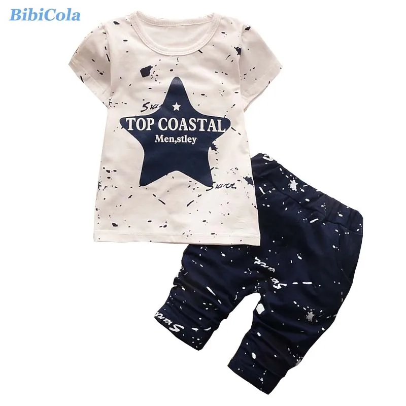 darkblue BibiCola/Летняя одежда для маленьких мальчиков футболка+ штаны для маленьких мальчиков; Спортивный костюм комплект одежды с принтом звезд для мальчиков; одежда для малышей - Цвет: darkblue