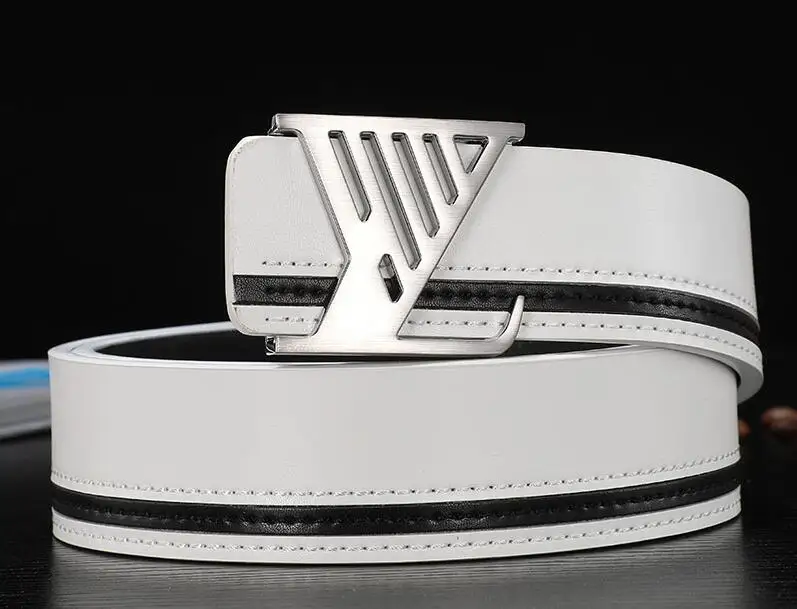 Silver buckle white Новейшая мода классический Лидер продаж V Пряжка гладкая Пряжка Стиль настоящая воловья кожа мужской женский кожаный ремень для отдыха - Цвет: Silver buckle white