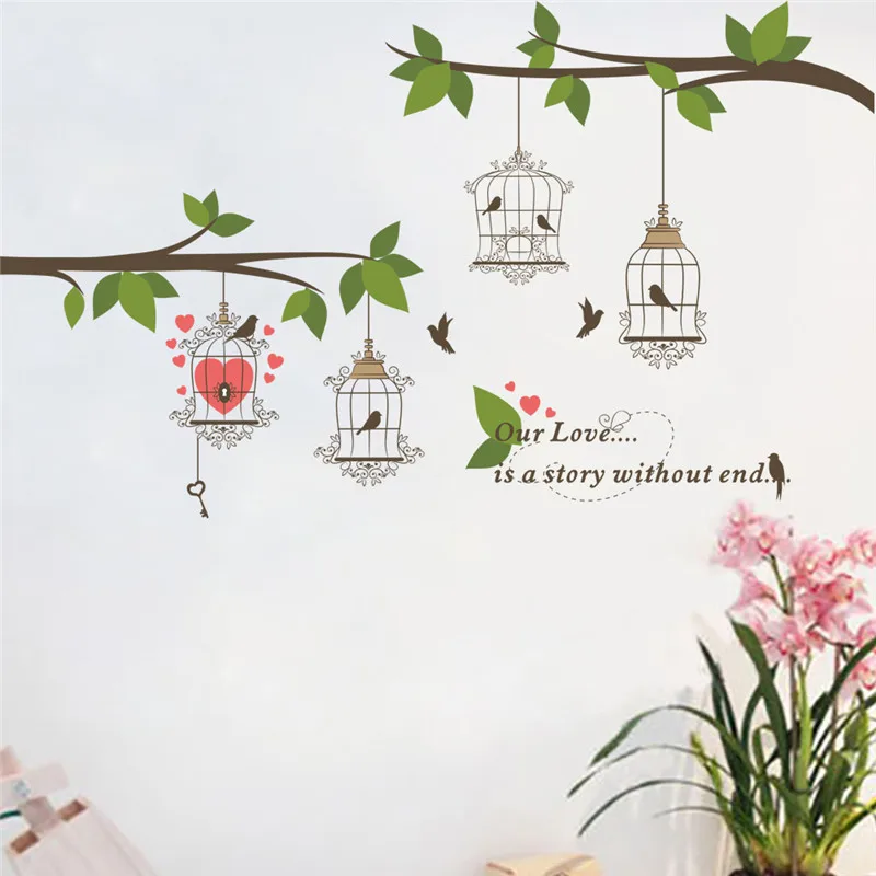 

Large Birds Birdcage Tree Branch Flower Floral Wall Sticker Decals Home Decor TV background Living Room Bedroom Mural poster