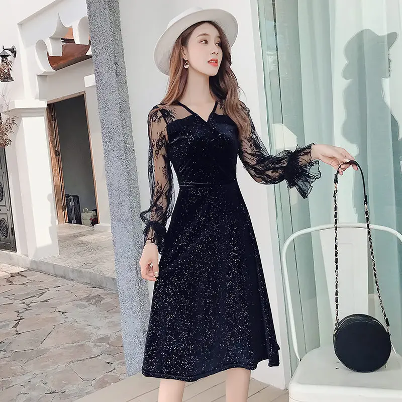 Korea Summer Dress 2019 Women Casual Velvet Patchwork Lace Mesh Flare Sleeve Sexy V-Neck Party Dresses Vestidos | Женская одежда