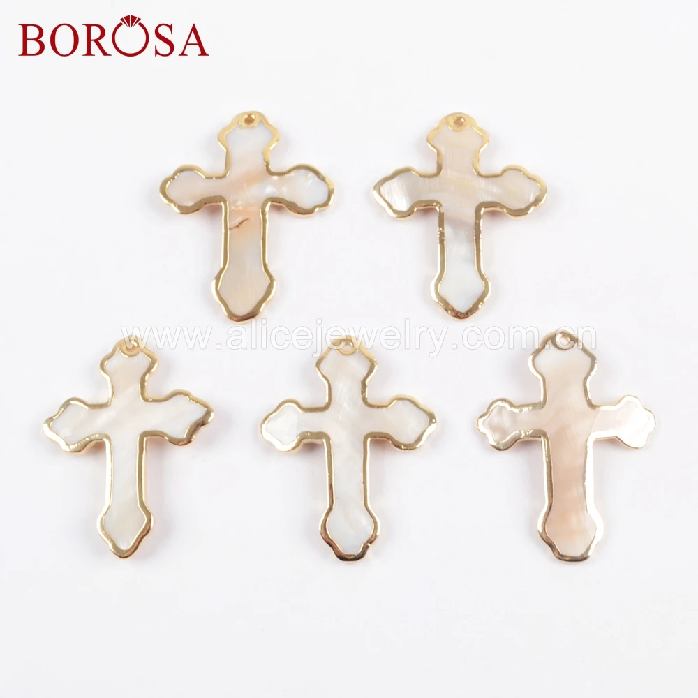 

BOROSA, 8 шт., натуральный белый корпус, ювелирное изделие, крестообразная форма, золотой цвет, подвески с отверстием для ожерелья, ювелирные изделия, WX1054