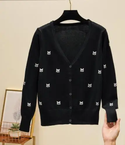 black cat Baharcelin, свитер с вышивкой в виде кота, куртка, женский кардиган, вязаный свитер, пальто, джемпер, вязаный крючком, Повседневный, v-образный вырез, женские кардиганы, топы - Цвет: black cat