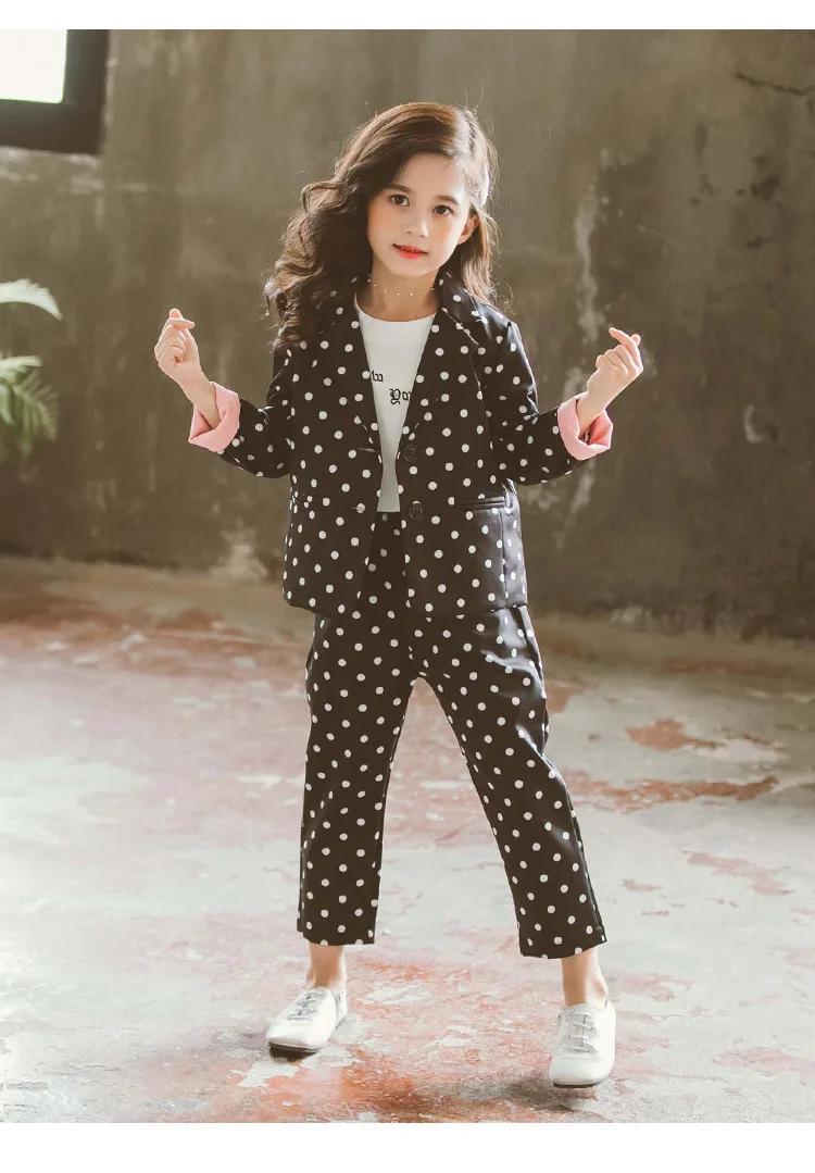 Нарядный розовый и черный костюм в горошек для девочек пальто + штаны сцены шоу