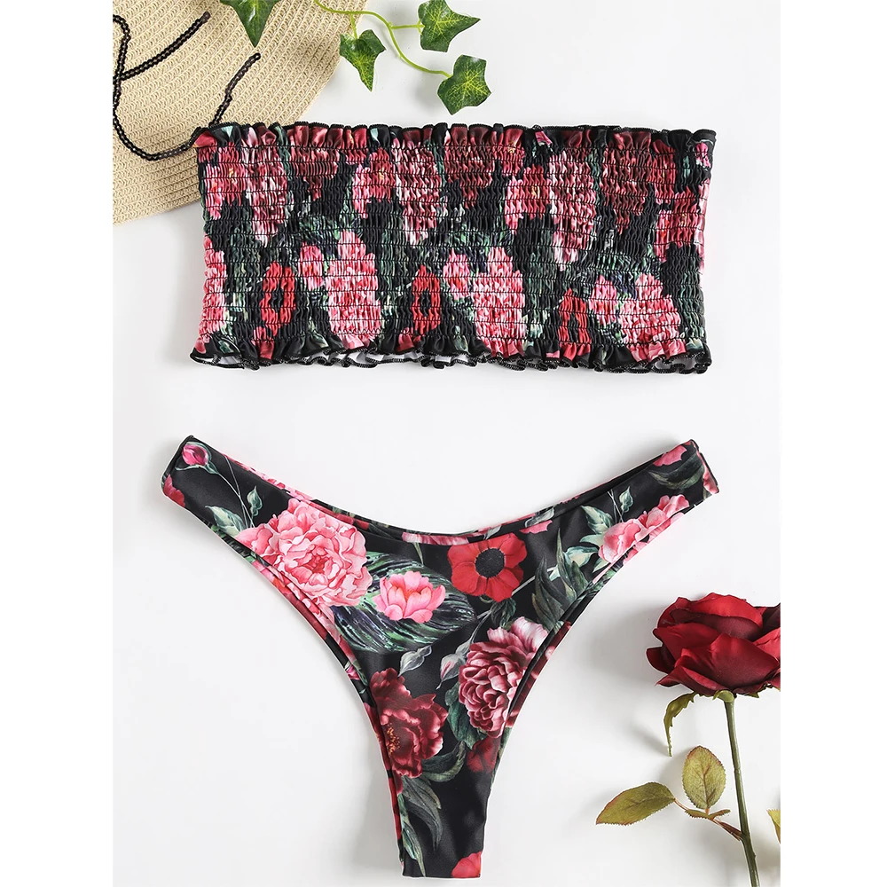 2018 без бретелек Бикини с буфами комплект Shirred Мягкий купальник Bandeau бразильский