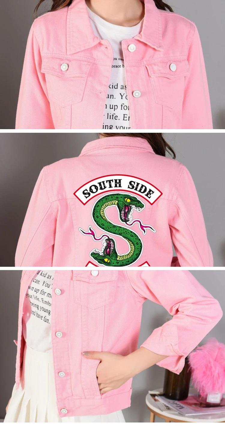 Ривердейл новая джинсовая куртка "South Side serpents" уличная топы, джинсы на весну, Для женщин Куртка Harajuku модные джинсовые Костюмы женский