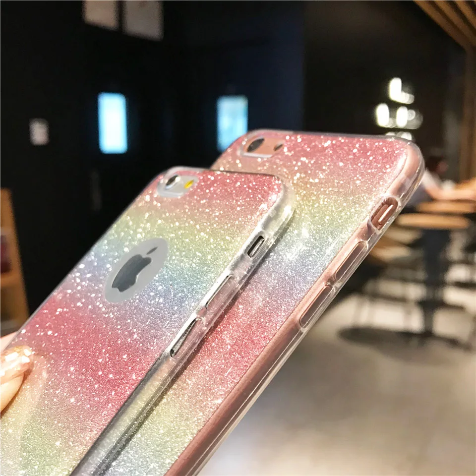 Блеск 2 в 1 силиконовая цветах радуги чехол для iPhone 6 s Plus SE 7 8 X XR XS MAX OnePlus 5 T Nokia 2018 ТПУ