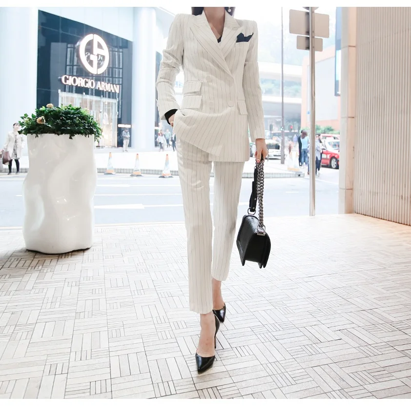 

[Daily Specials]South Korea 2020 new OL temperament fashion elegant Slim double-breasted striped suit suit