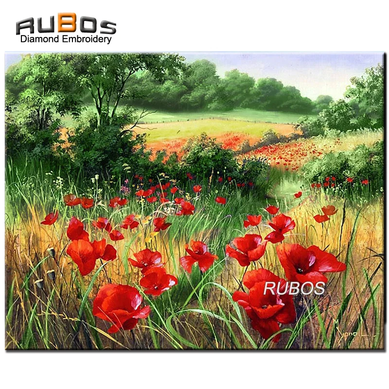 RUBOS DIY 5D Алмазная мозаика Makovoe pole flower secnery полная Алмазная Вышивка картина горный хрусталь стены ролл стикер