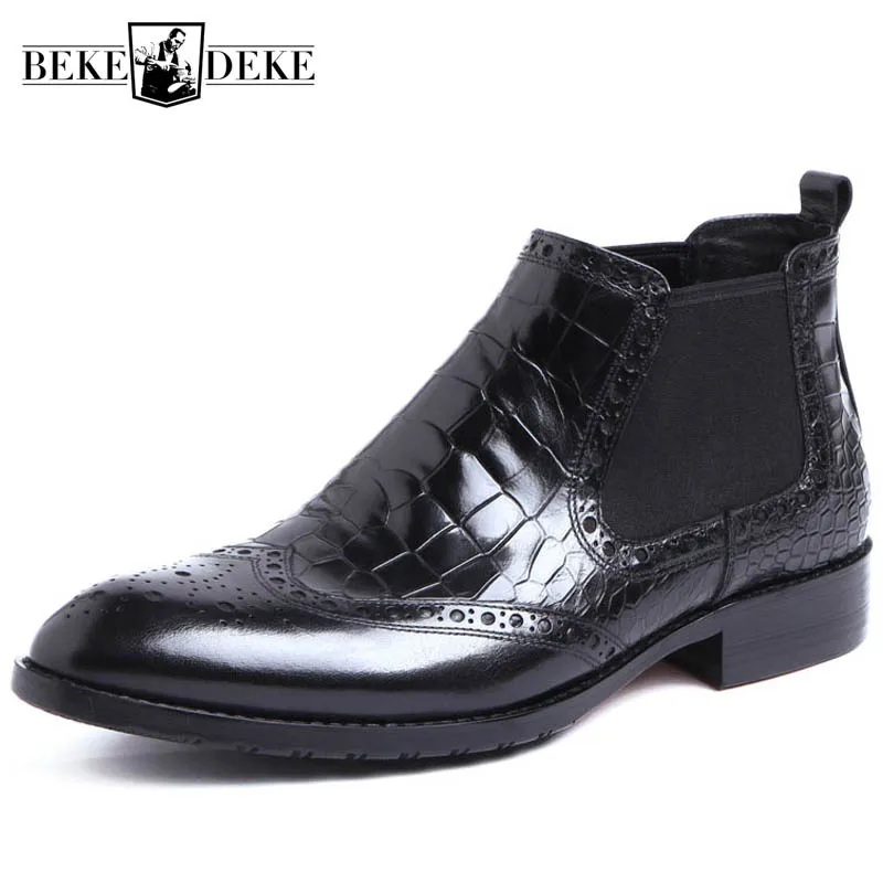 

Brand Black Chelsea Boots For Men Genuine Leather Pointed Toe Italian Business Wedding Ankle Boots Wing Tip Work Safety Shoes