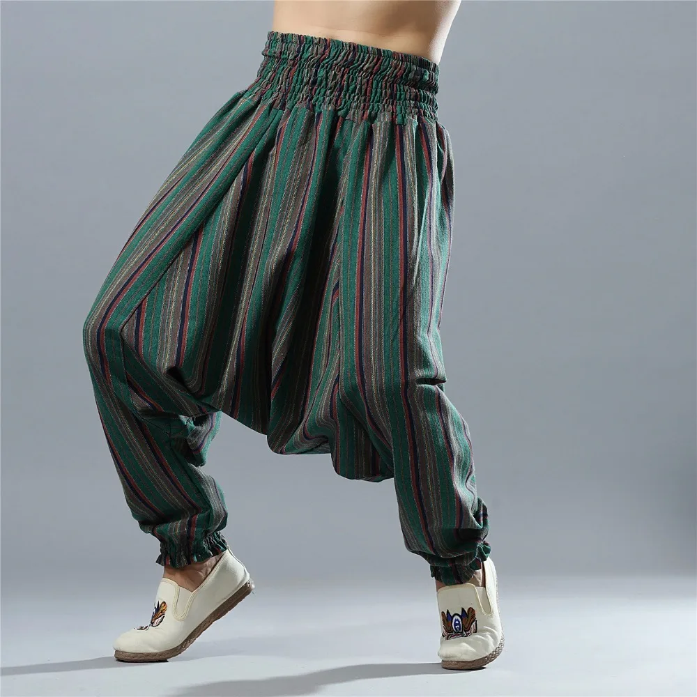 Фото Men Stripe Linen Pants India Nepal Pattern Cotton Trousers Man Big crotch Pant Elastic Waist Leisure Yoga Harem Pants|yoga trousers|harem yoga