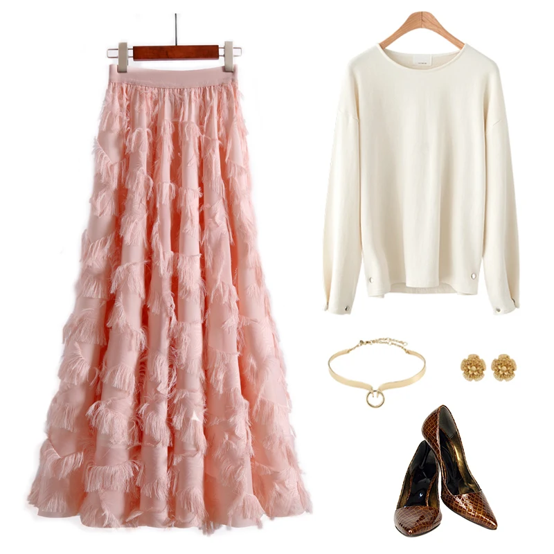 Autumn Winter Feather Tassel Skirts Ankle Length Chiffon Long Skirts For Women Elastic High Waist TuTu Skirt Saias