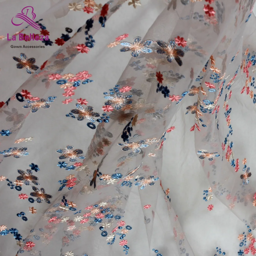 

New arrivals pink blue mixed color on tulle mesh embroidery lace fabric wedding/evening dress lace fabric 1yards