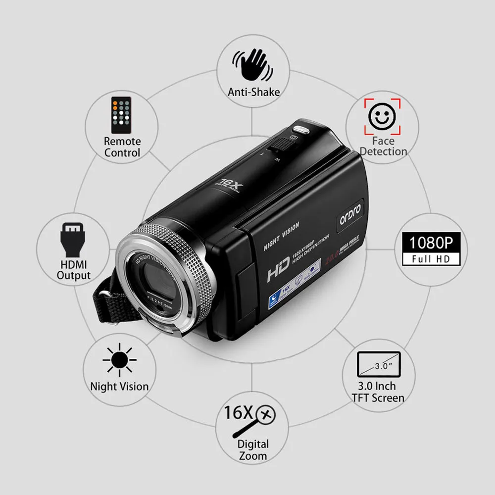 Ordro HDV V12 1080P Full HD Цифровая видеокамера 16x цифровой зум Поворот ЖК экран макс. 24MP