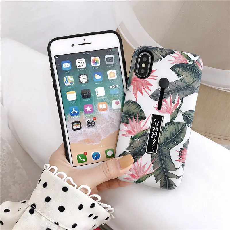 Чехол для телефона с петельным кольцом для Apple iPhone 11 Pro XS Max XR X 6 6S 7 8 Plus, Модный чехол-подставка с цветами и листьями