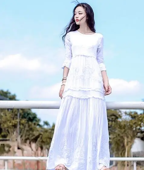 Boho женские богемные винтажные этнические Цветочные вышитые хлопок туника длинное белое платье макси хиппи бохо Асимметричная FJ180