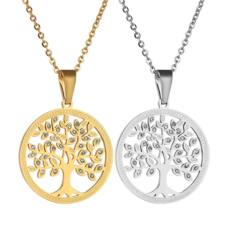 

New Fashion Rhinestone Tree of Life Pendant Necklace Crystal Round Necklace Hollow Out Statement Jewelry Men Women Gift
