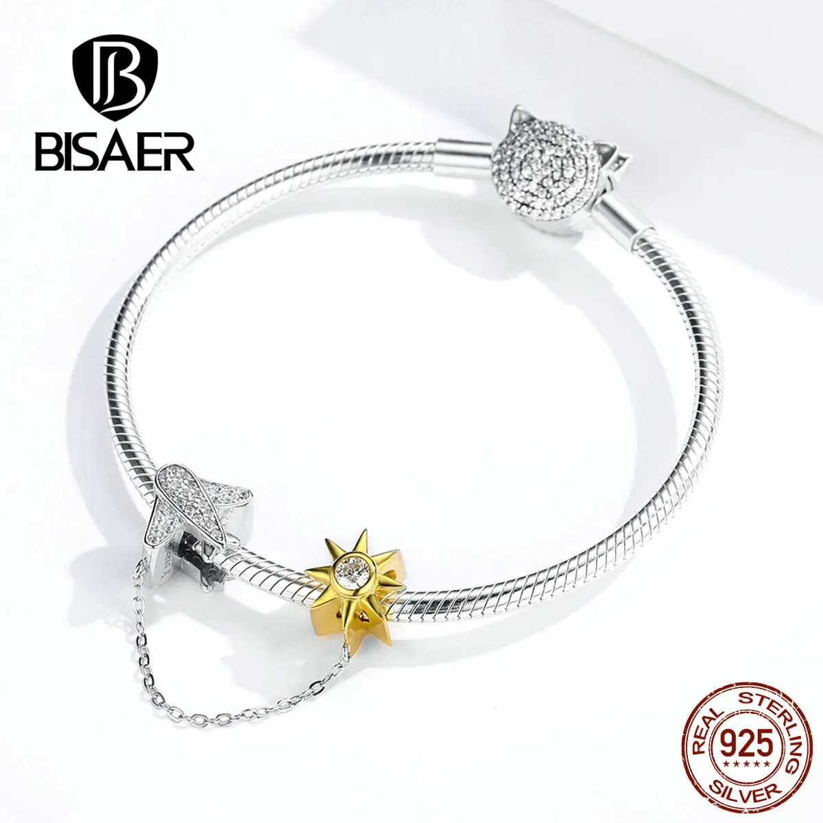 BISAER 925 пробы серебряные пробки Циркон самолет и Звезда бусины талисманы подходят для женщин Браслеты DIY ювелирные аксессуары ECC1243