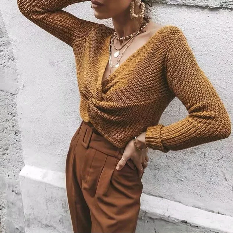 2019 Women Khaki Short Sweater for Ladies Spring-Autumn Fashion Slim Pullovers Chic Girls Street-wear Knitwear Woolen Tops Femme | Женская