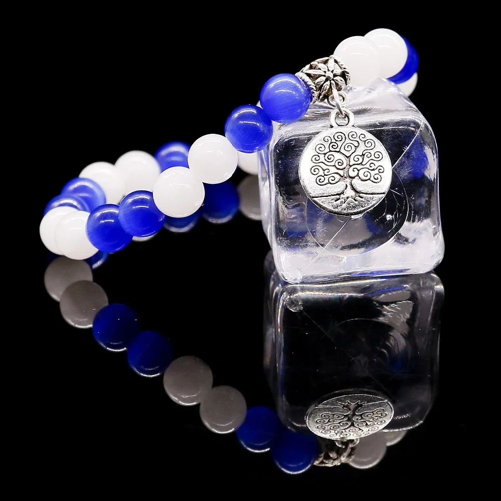 Голубой опал натуральный бисер браслеты белый халцедон эластичная линия браслет