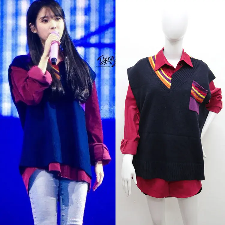 Kpop IU Lee Ji Eun одинаковая уличная одежда подходящие цвета вязаные теплые толстовки