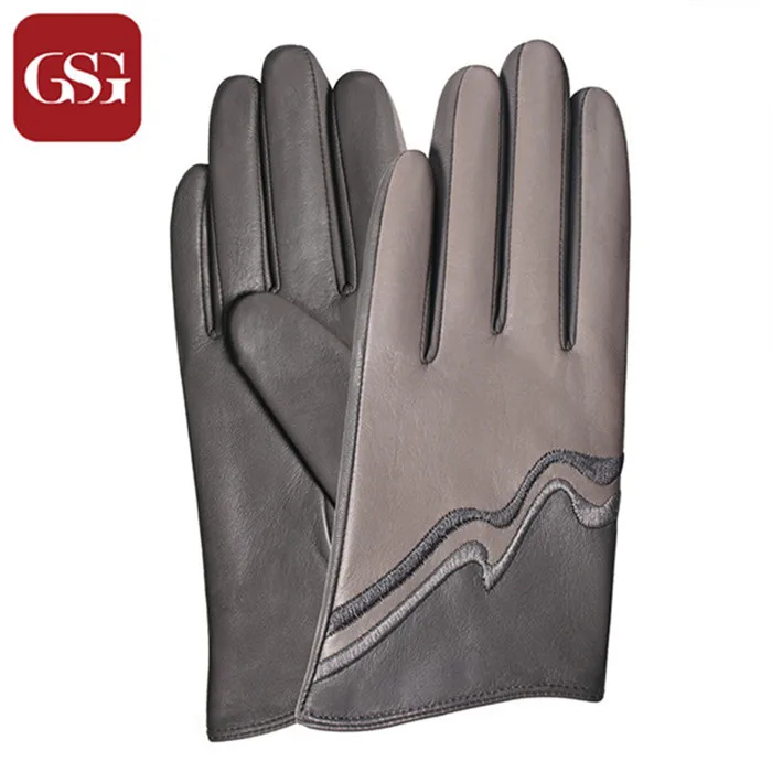 Light Grey GSG женские кожаные перчатки с сенсорным экраном, варежки, двухцветные, в полоску, пэчворк, модные, ручная работа, зимние, теплые, с подкладкой, перчатки для вождения - Цвет: Light Grey