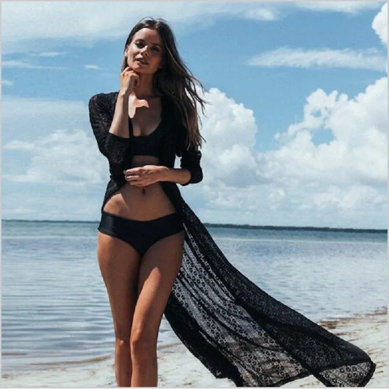 Черная блузка кимоно летние женские рубашки Длинная пляжная туника кружевной