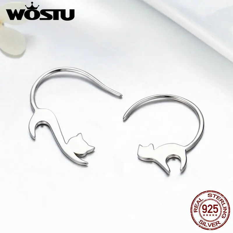WOSTU, чистый 925 пробы, серебряные асимметричные серьги в виде животных, любящих милых котов, женские Уникальные S925 ювелирные изделия, подарок для девушек CQE073