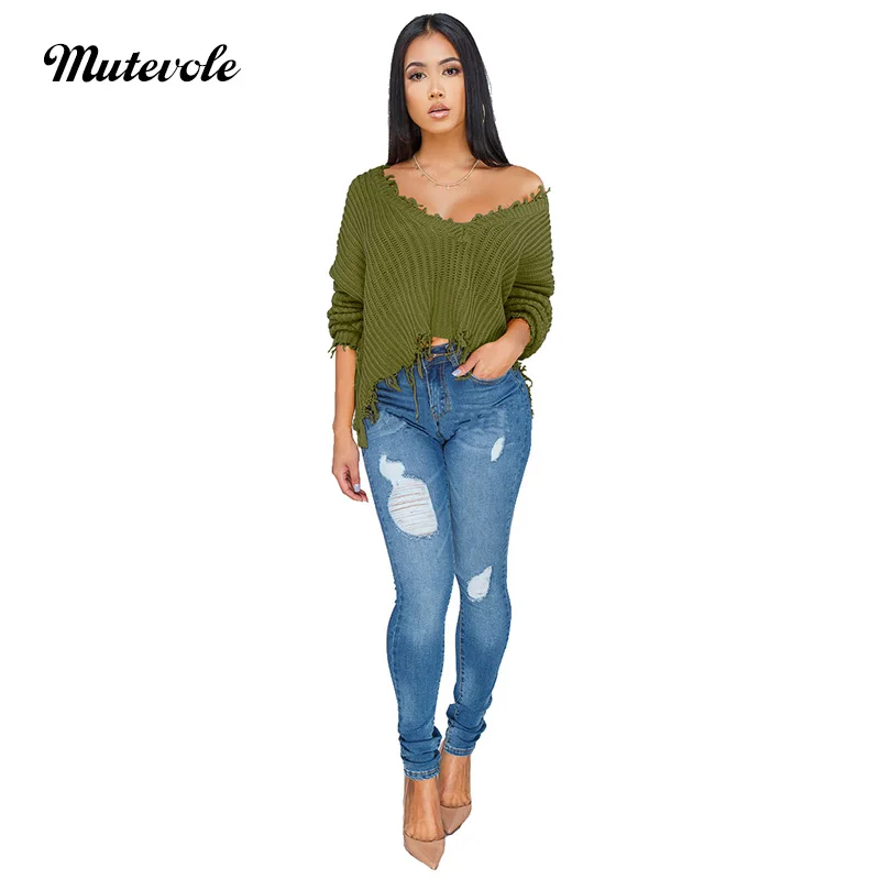Mutevole V Neck Sweater Crop Top Women Winter Warm Knitted Pullover Female Casual Solid Color Long Sleeve Basic | Женская одежда