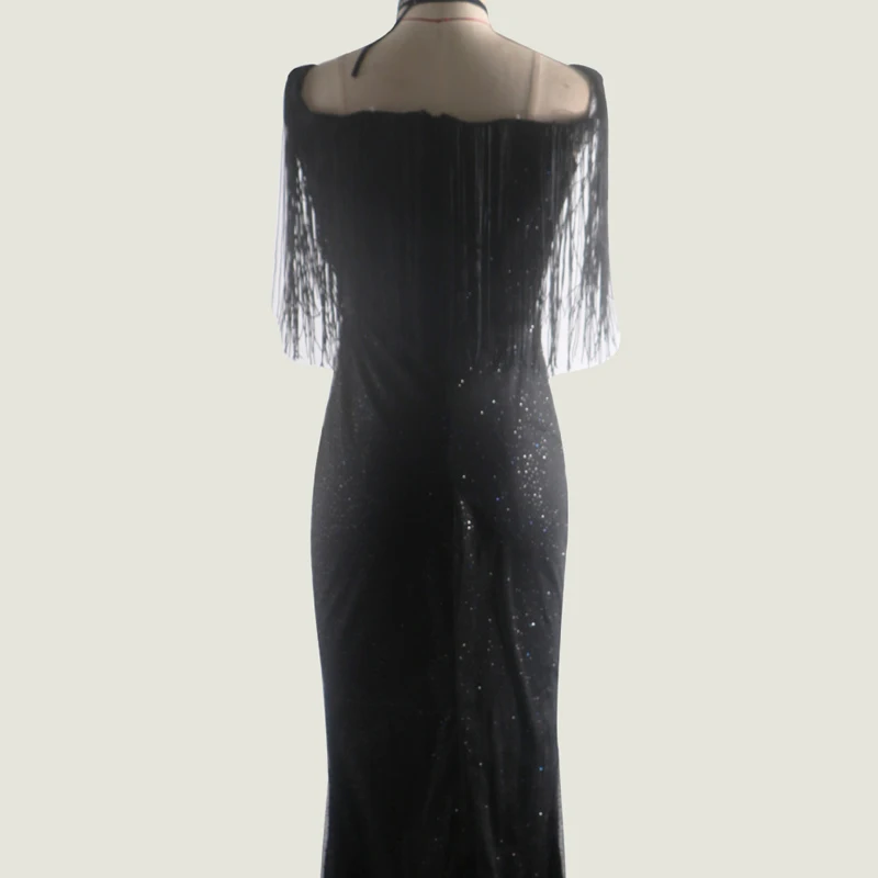 

Black Glitter Evening Party Dress Fringed Tassels Long Floor Dress Maxi Dress Low Cut Apparel Formal Clothing Women Garment