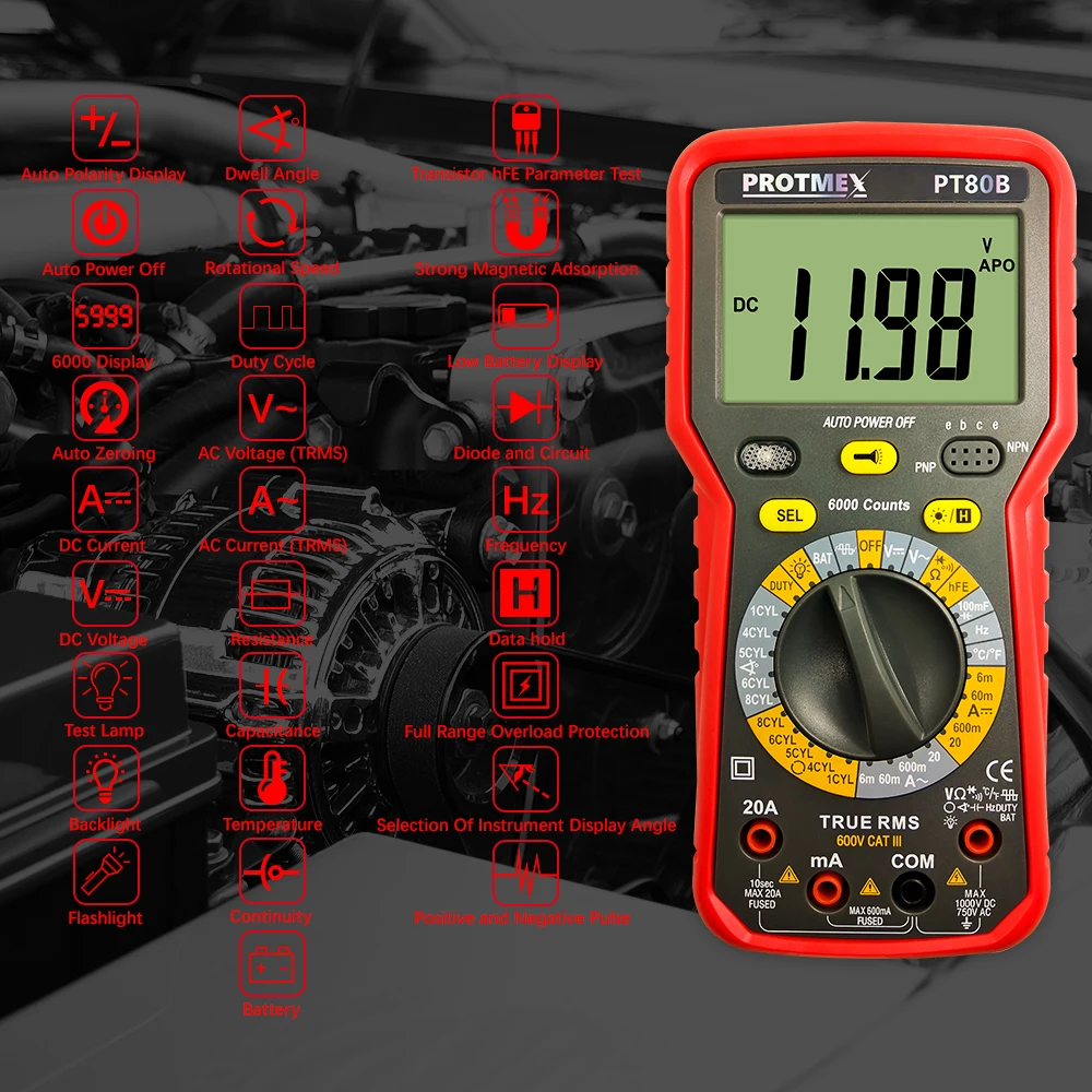 Protmex PT80B/80E 6000 отсчетов Цифровой Авто/Ручной Автомобильный мультиметр DC/AC напряжение, ток, сопротивление, Емкость Тестер