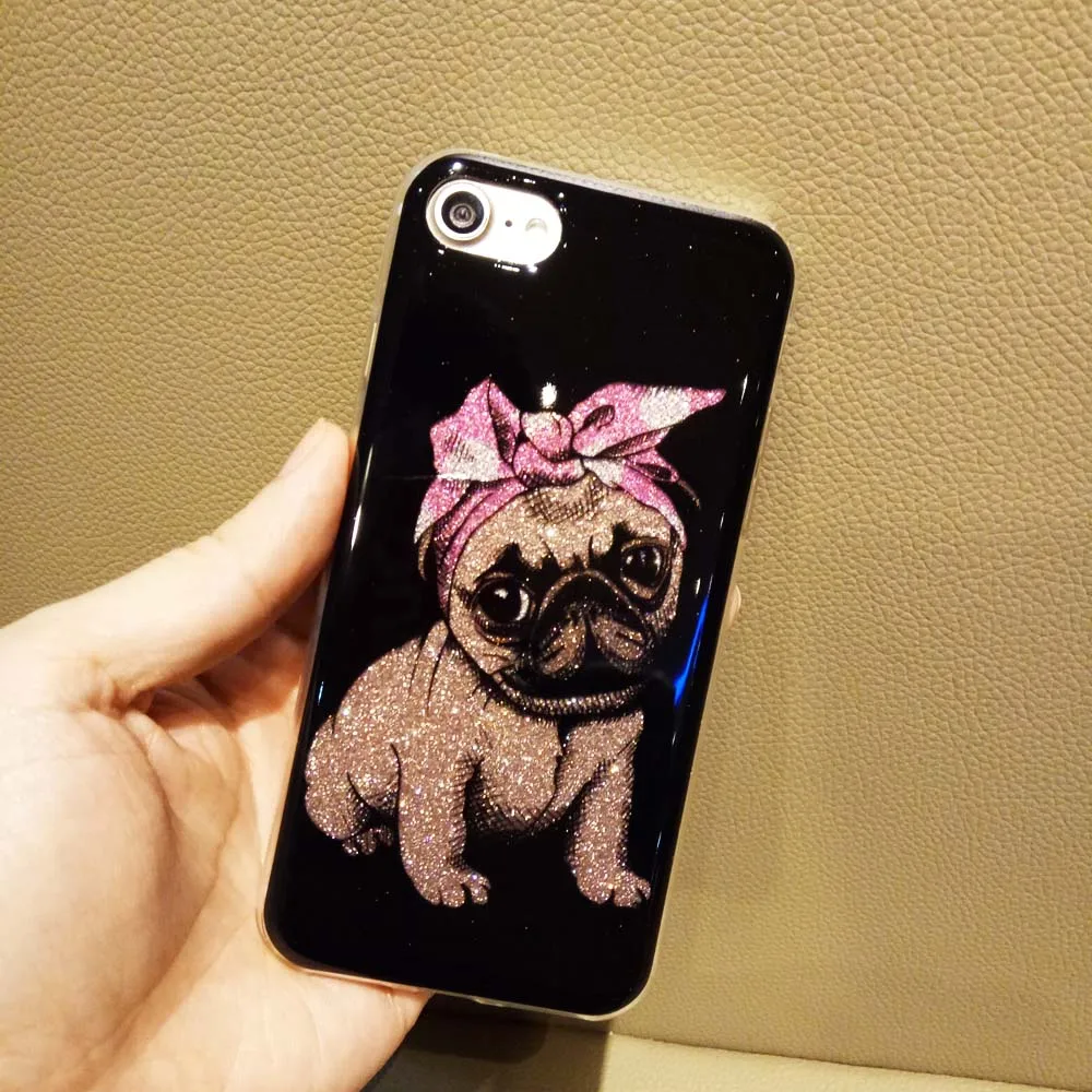 Cute Cartoon Lover Glitter Pug Dog Funda Hard Back Cover Capa Carcasa Coque Hull For iPhone 6 6s Plus 7 8 Case X |
