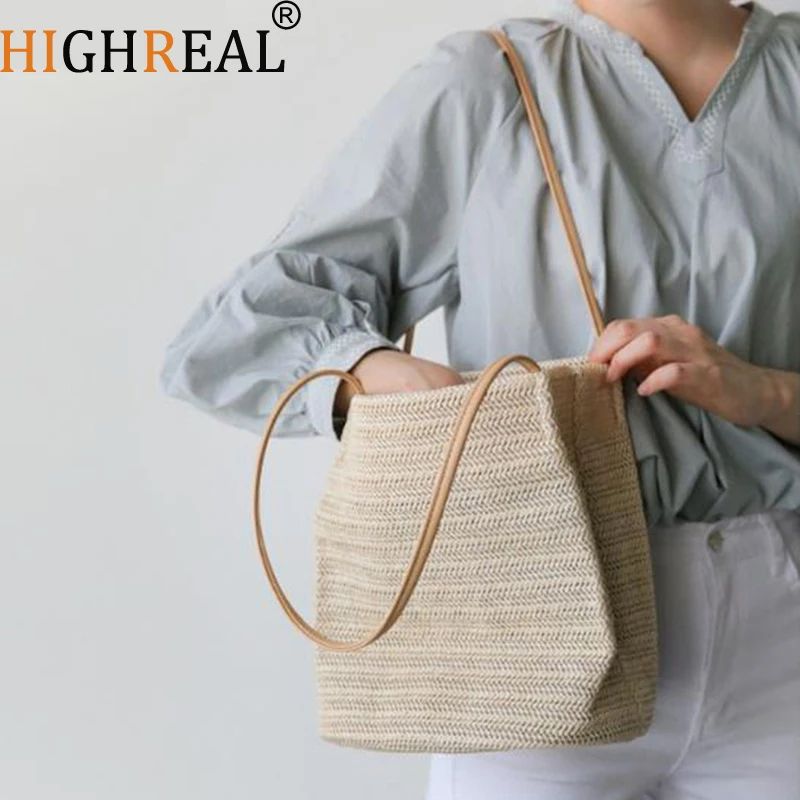 

HIGHREAL South Korea's New Straw bag Casual Handbag Summer Holiday Shoulder Bag Ladies Weaving Bucket Beach Shoulder Bags