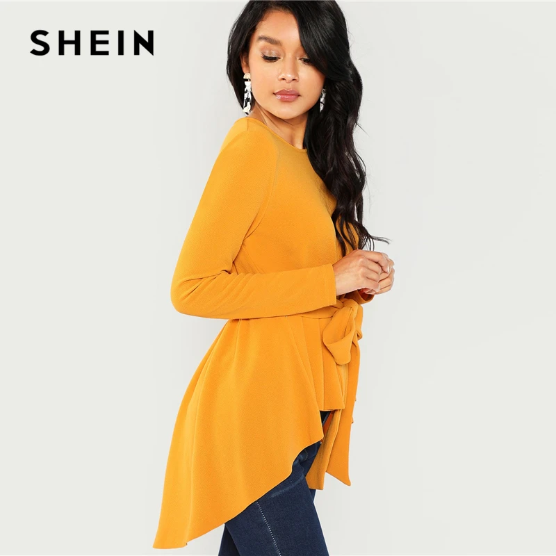SHEIN, имбирный Асимметричный топ с поясом, Повседневная блуза с длинным рукавом и круглым вырезом, Женская Осенняя элегантная офисная блуза