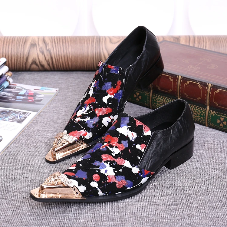 

New arrival real cowhide leather men'x popular oxfords iron head mixed color party dress shoes cool slip on stage shoes men EU46
