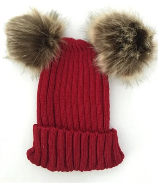 wine beanie Шапка Ponpon с помпоном, милая мягкая вязаная Шапочка, помпон из искуственного меха, розовая Зимняя шапка, женская теплая шапка с ушками, лыжная кавайная шапка - Цвет: wine beanie
