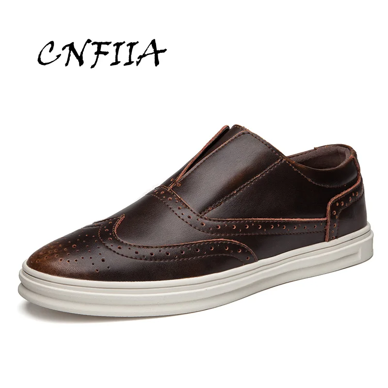 CNFIIA Men Leather Shoes Casual Red Black Brown Brogues Loafers 2018 Autumn New Slip on Male Walking Footwear | Обувь