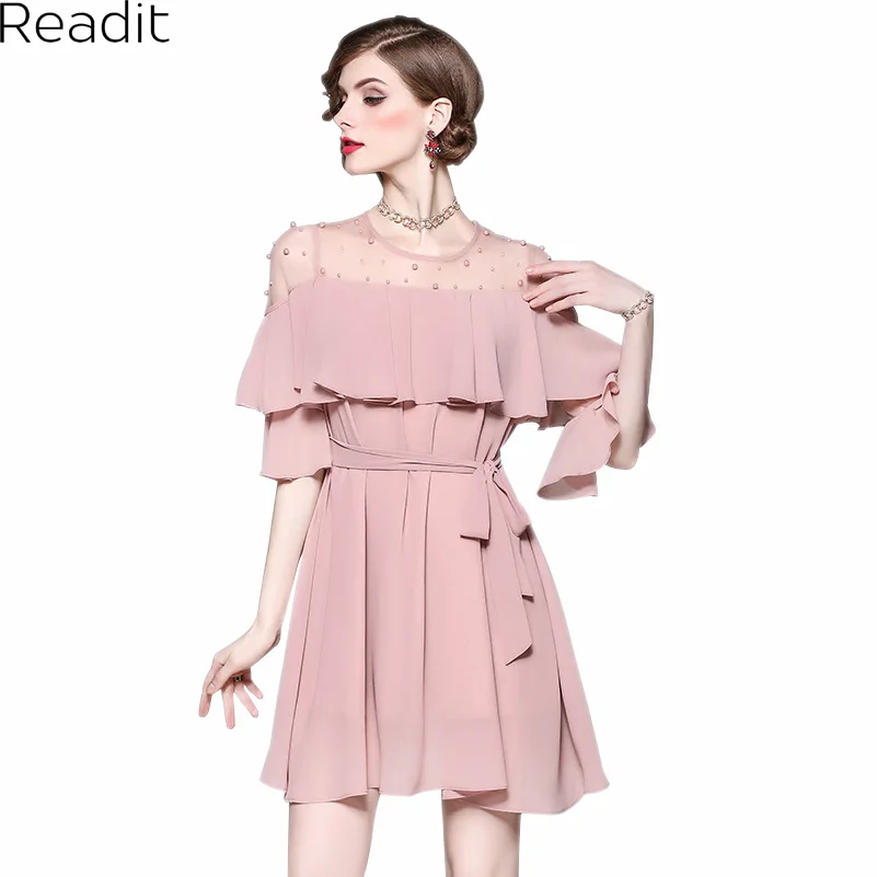 Readit женское платье 2017 сезон: весна–лето бисером прозрачный плечевой розовый