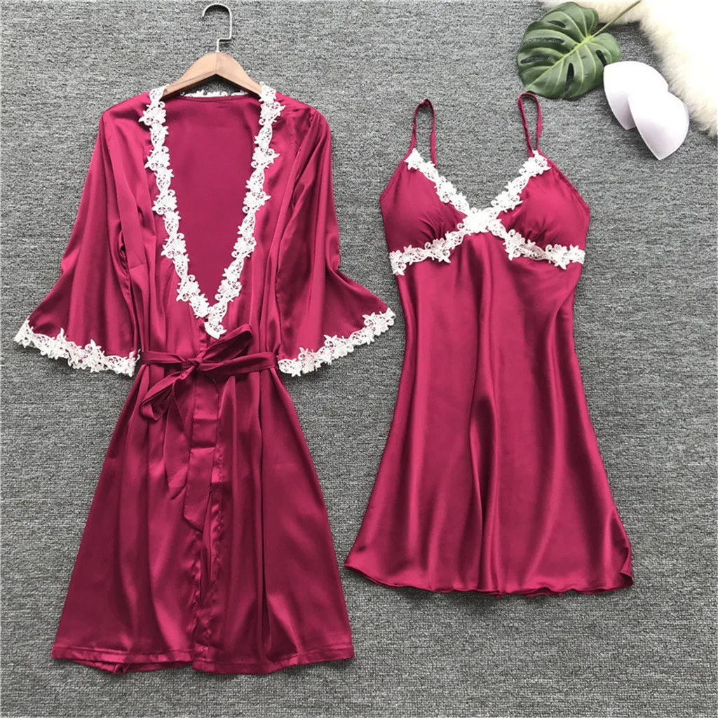 Women Satin Sexy pajamas Lace Lingerie Nightwear Underwear Babydoll Sleepwear Dress 5PC Suit pyjamas women sexy lingerie