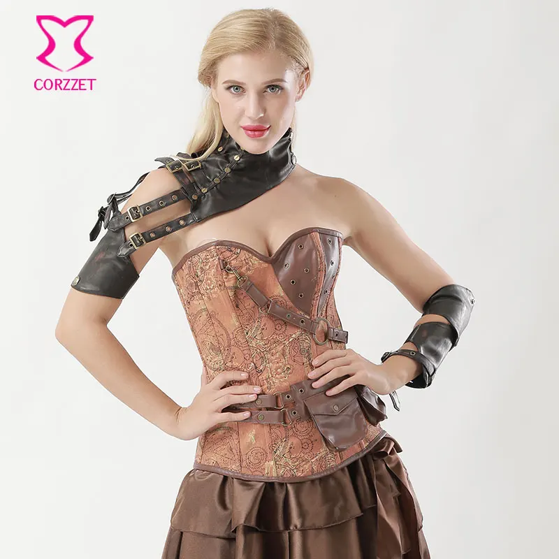 Brown PU Leather Removable Buckled Belt Shoulder Vintage Steampunk Arm Armor Gothic Arm Sleeve Cospaly Sexy Corset Accessories