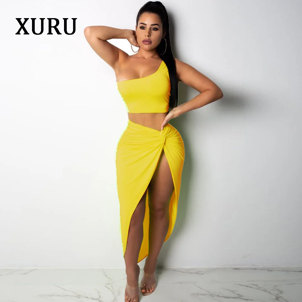 

XURU Women One Shoulder Sexy Dress Solid Two Piece Set High Split Asymmetrical Dresses Sexy Party Club Dress 5 Colour XXL