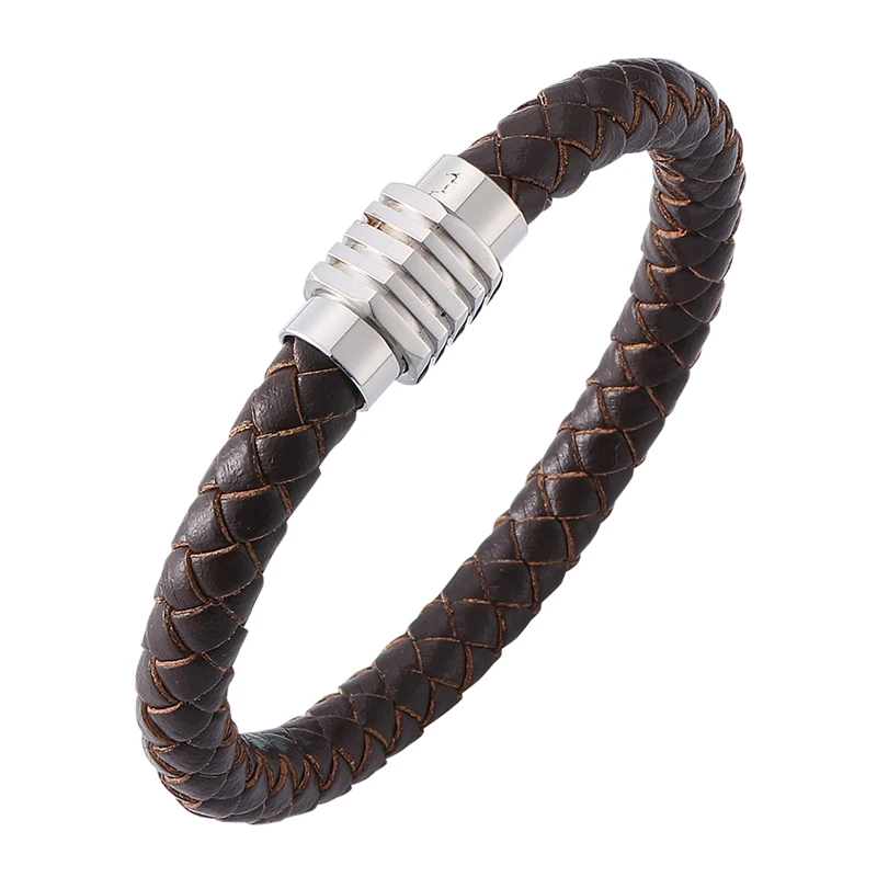 

Classic Mens Leather Bangles Brown Braided Bracelet Men Stainless Steel Magnet Clasp Punk Leather Wristband Bracelet Male SP0162