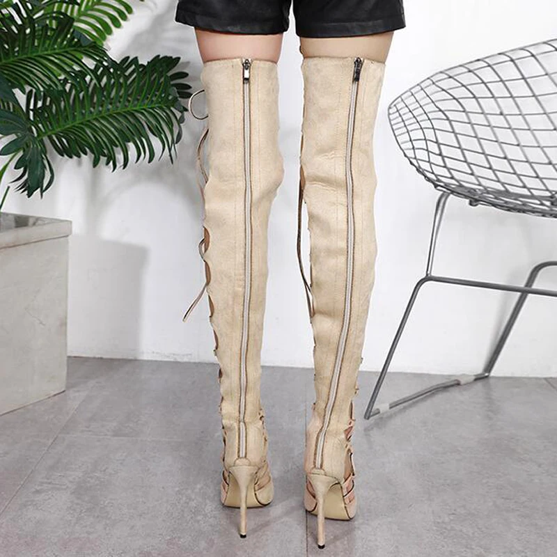 Женские сапоги выше колена с открытым носком на высоком каблуке-шпильке модные