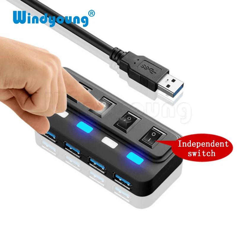 Usb-концентратор 3,0, 4 порта, usb-разветвитель 3,0, Суперскоростной концентратор для передачи данных, отдельные переключатели вкл/выкл, светодиодный usb-кабель, совместимое с usb-устройством
