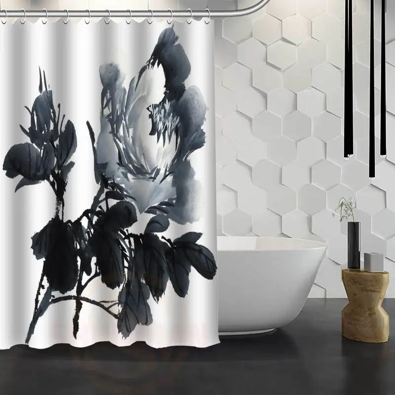 

New Classic Peony pattern Custom Shower Curtain With Hooks Polyester Fabric Printing Bath Curtain for Bathroom Waterproof