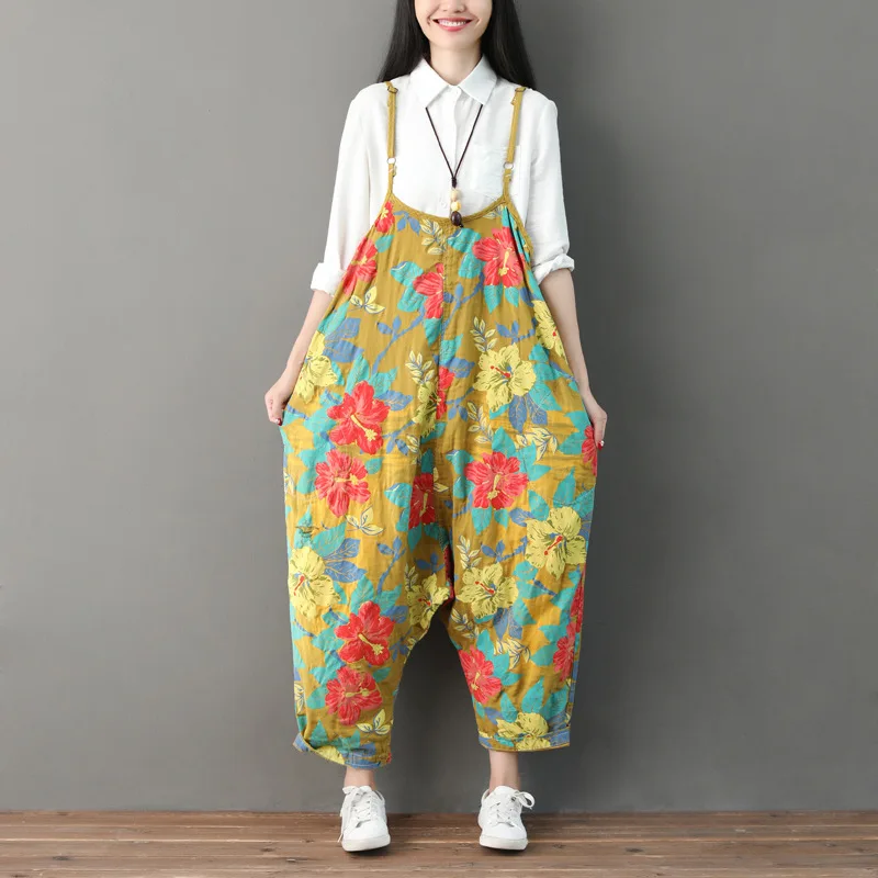 Spring Rompers Girl Summer Washed Old Jeans Sweet Floral Printed Women's Casual Jumpsuits Overalls Baggy Bib Pants