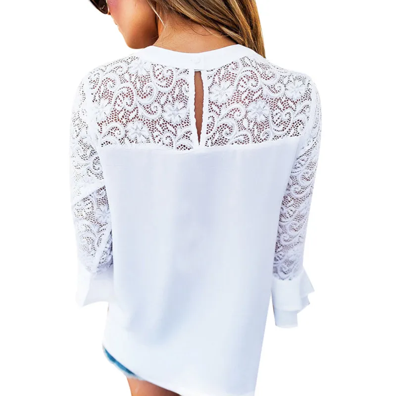2018 Летняя женская шифоновая блузка Топы повседневные Лоскутные белые кружевные
