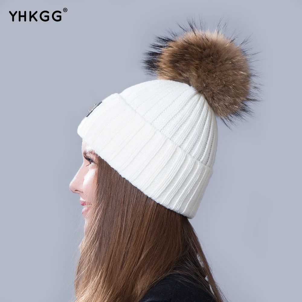 2018 новый вязаная шапка Женская мода большой Реального Ракун Меховой пом Шапочки